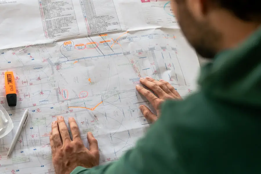Homme étudiant un plan technique d'entreprise avec surligneurs — Lucas Gouritin