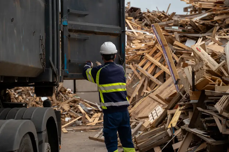 Employé dans une déchetterie bois fermant l'arrière d'un camion — Lucas Gouritin